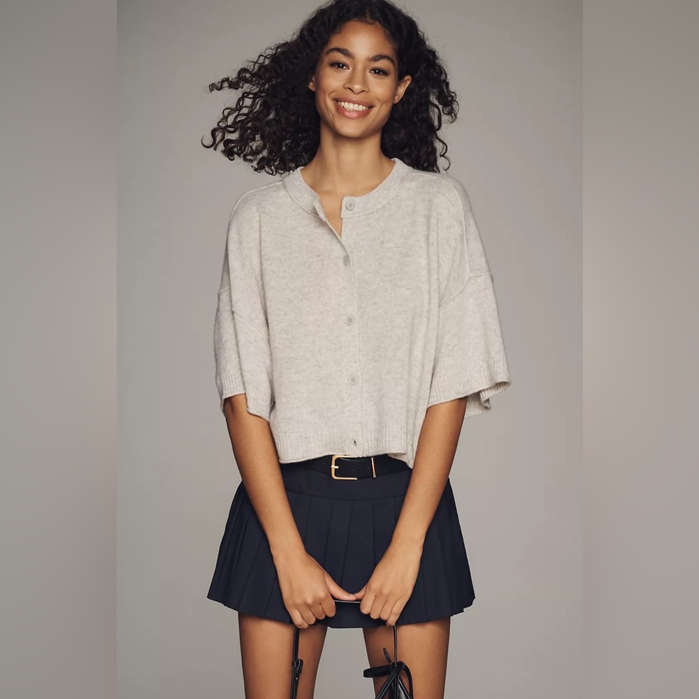 Anthropologie Light Gray Button-Front Cropped Sweater